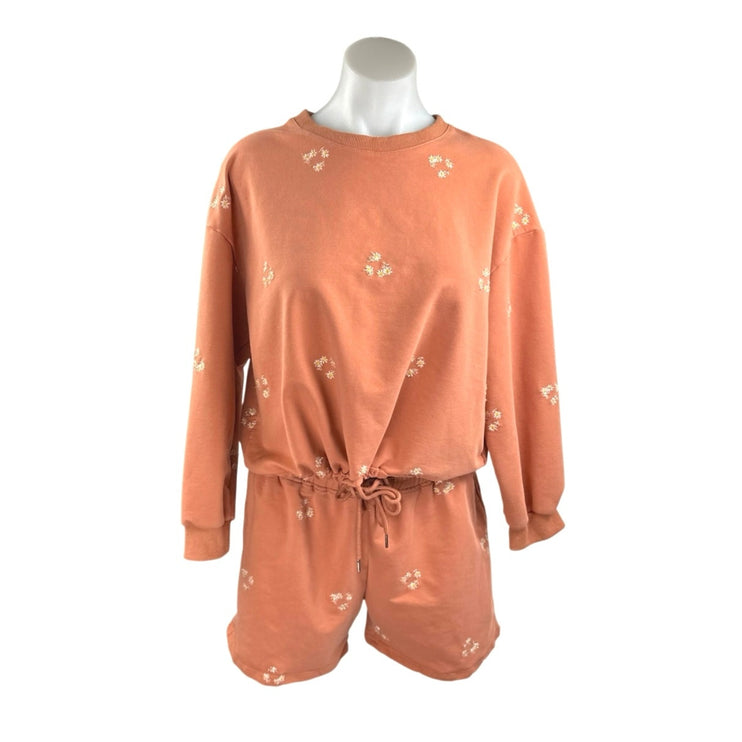 Salitaire Womens Orange Floral Embroidered Long Sleeve Sweatshirt & Shorts Set L