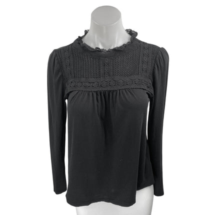 Ann Taylor LOFT Black Long Sleeve Floral Embroidered Mock Neck Blouse Top Size S