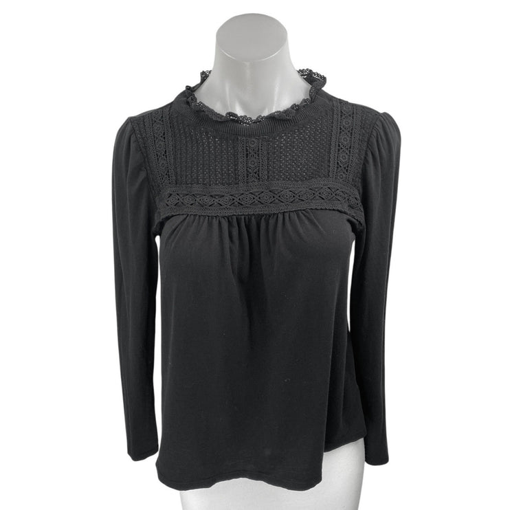 Ann Taylor LOFT Black Long Sleeve Floral Embroidered Mock Neck Blouse Top Size S