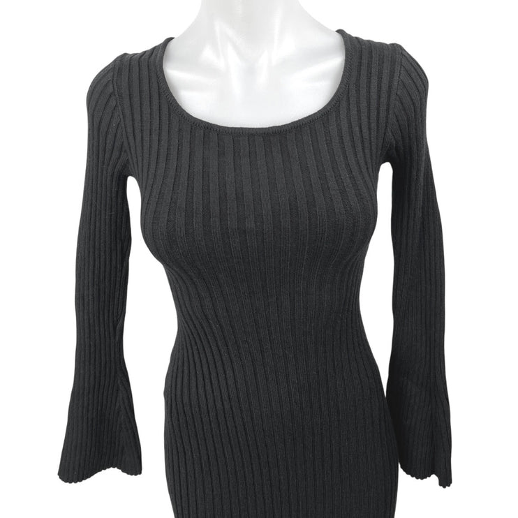 NEW 12TH Tribe Black Rib Knit Cutout Long Sleeve Midi Bodycon Sweater Dress XS