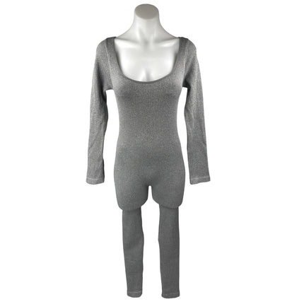 FCT with Love Gray Ribbed Knit Long Sleeve Square Neck One Piece Jumpsuit Size S