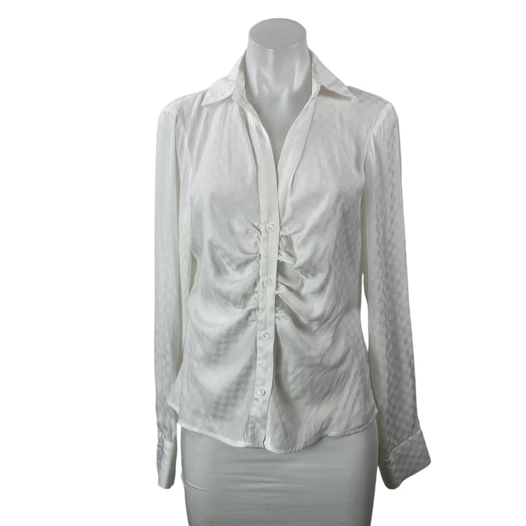 Fate Womens White Long Sleeves Ruched Checkered Collared Button Down Shirt Top L