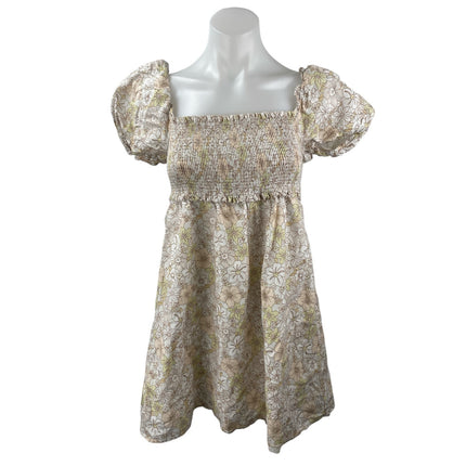 Aritzia Sunday Best Cream Floral Smocked Short Puff Sleeve Mini A-Line Dress S