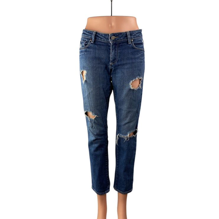 Paige Women's Blue Distressed Mid Rise Straight Leg Cropped Denim Jeans Size 29