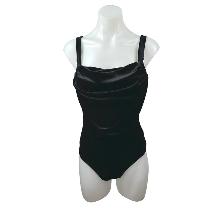 NEW MNG Mango Women Black Velvet Velour Cowl Neck Cami Tank Bodysuit Top Size S