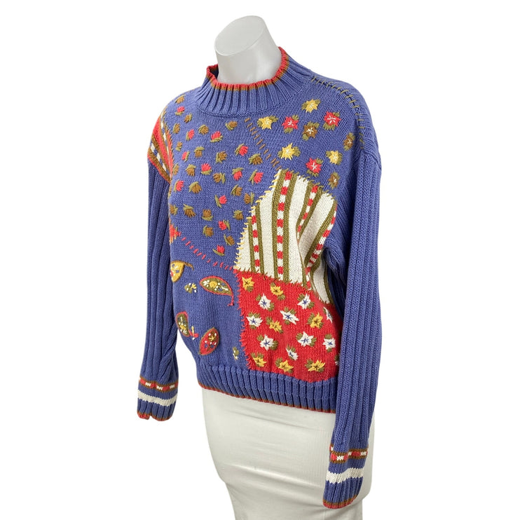 Lizwear Liz Claiborne Blue Ribbed Knit Floral Paisley Stitch Crewneck Sweater S