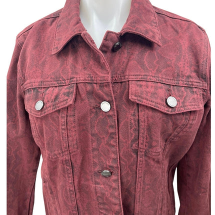 Blanknyc Rattled Up Maroon Snake Animal Print Long Sleeve Denim Jean Jacket S