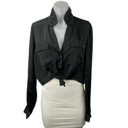 Urban Outfitters Black Satin Bow Tie Front Button Long Sleeve Crop Shirt Top M