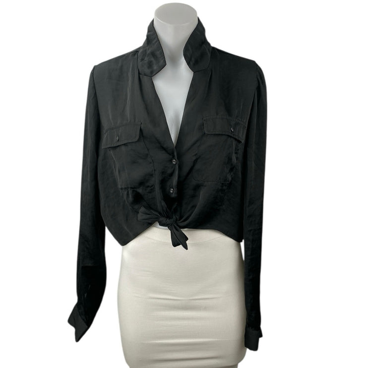 Urban Outfitters Black Satin Bow Tie Front Button Long Sleeve Crop Shirt Top M