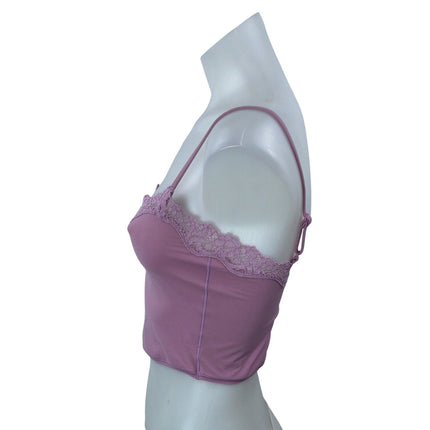 Skims Pink Floral Lace Trim Sleeveless Square Neck Cami Tank Crop Top Size M