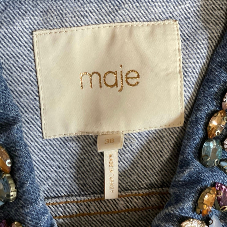 Maje Bianca Blue Embellished Crystal Stud Beaded Button Up Denim Jean Jacket M