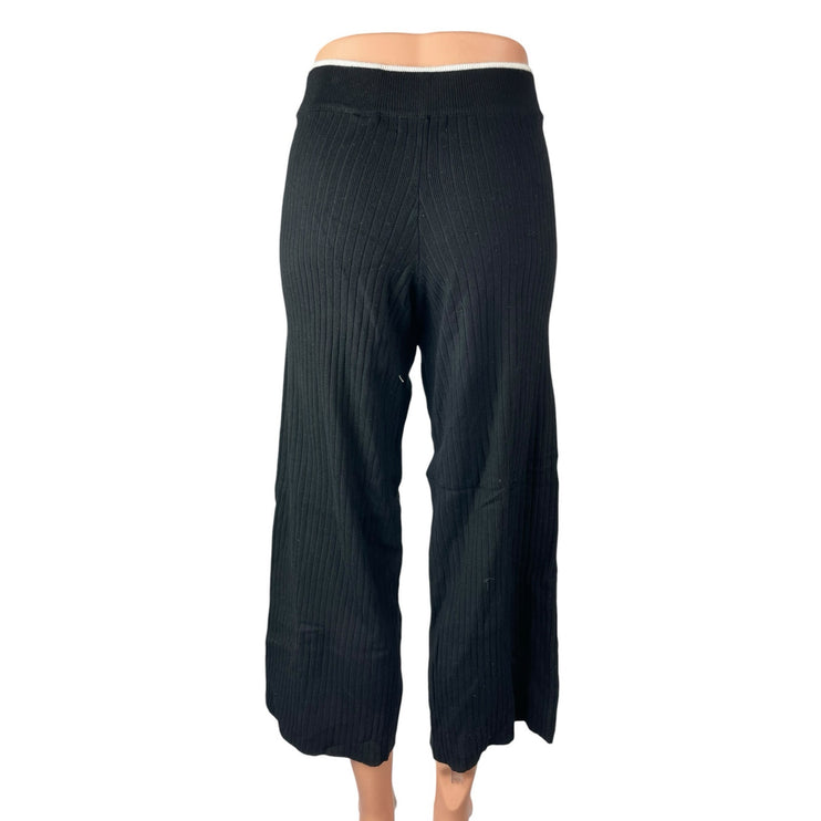 Marled Women's Black Ribbed Knit High Rise Wide Leg Cropped Trousers Pants Sz XS