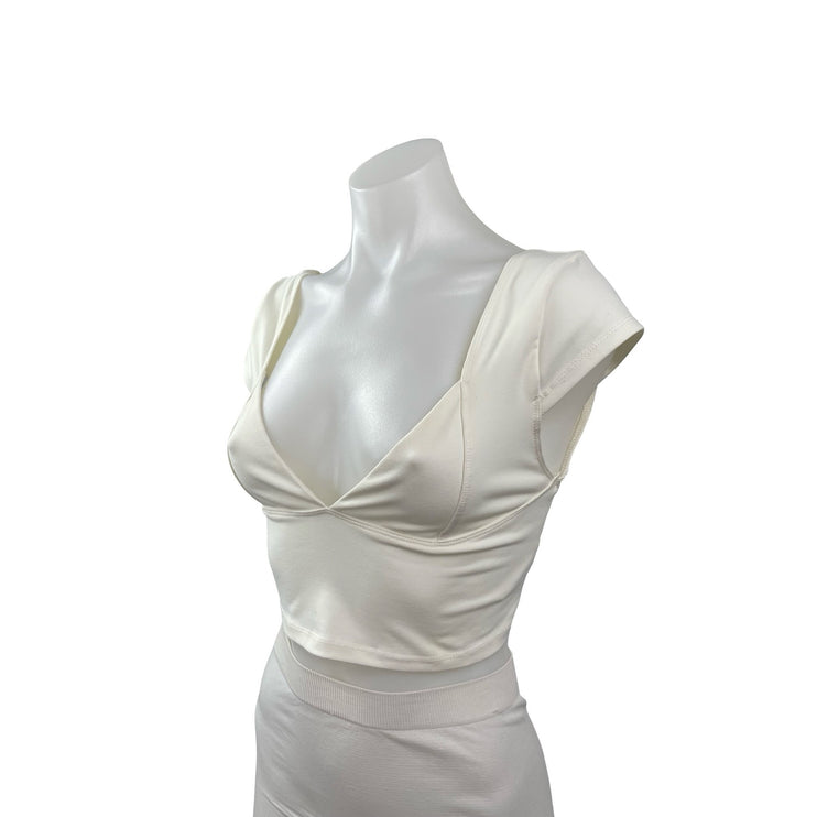 Free People Intimately Ivory Cap Sleeve Deep V Neck Open Back Y2k Crop Top Sz S