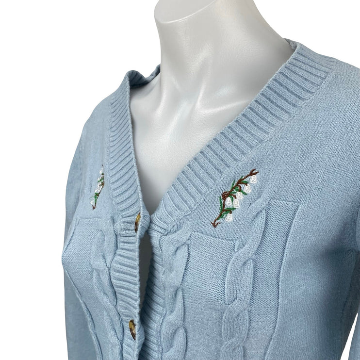 Zaful Women's Blue Cable Knit Embroidered Floral Cropped Cardigan Sweater Top OS