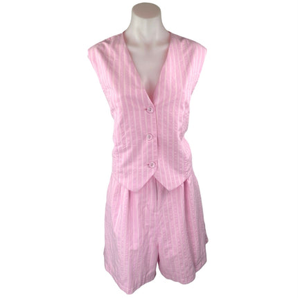 NEW Glamorous Pink White Striped Sleeveless Button Up Vest Top Shorts Set Sz 10
