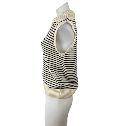 NetWork Women's Cream Black Striped Sleeveless Knit Polo Vest Sweater Top Size S