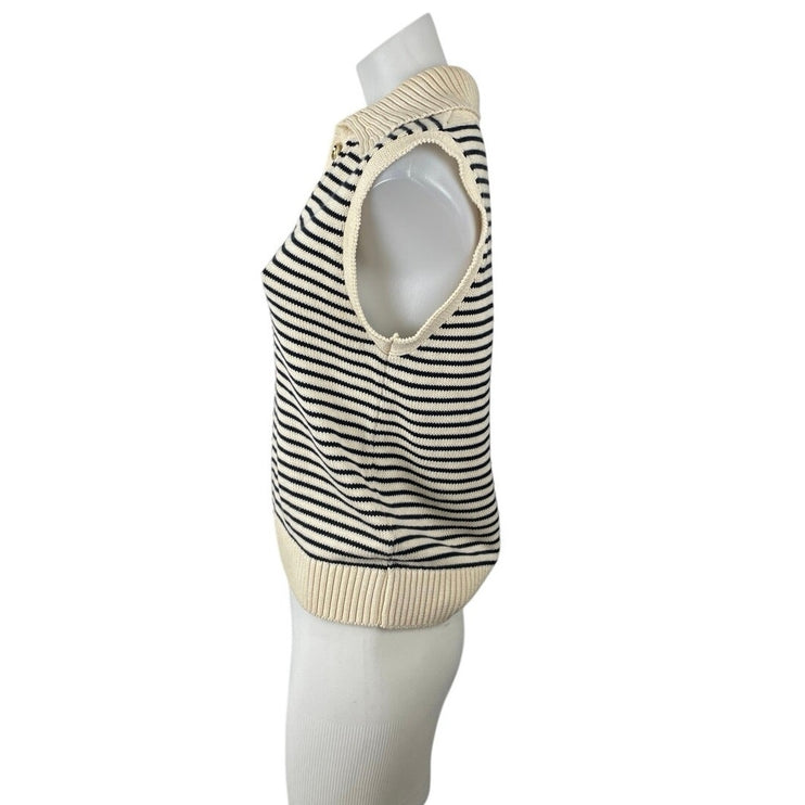 NetWork Women's Cream Black Striped Sleeveless Knit Polo Vest Sweater Top Size S