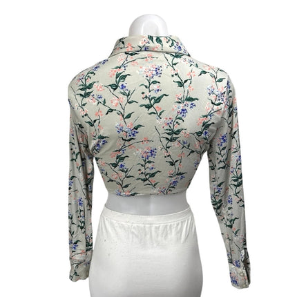 Women's Green Floral Long Sleeve Tie Knot Button Down Shirt Crop Top Size XL