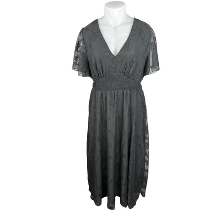 Simplee Black Embroidered Floral V-Neck Flutter Sleeve Midi A Line Dress Sz 3XL