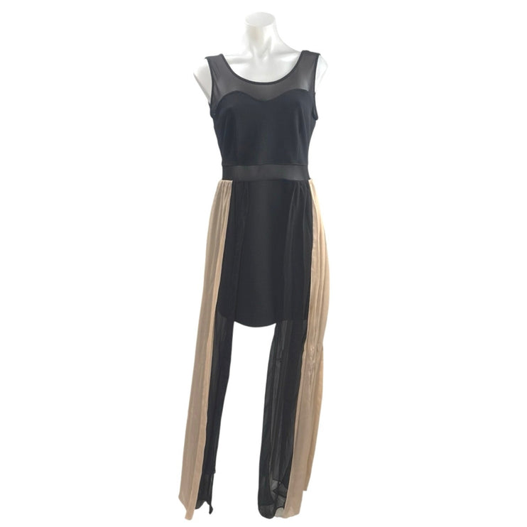 Material Girl Color Block Pleated Sheer Overlay Maxi High Low Tank Flare Dress L