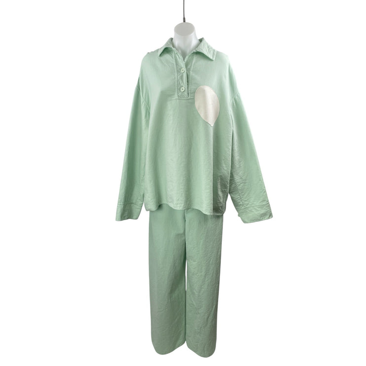 Shang Xia Mint Green Wool Long Sleeves Luxury Shirt & Trousers Pants Set Size L