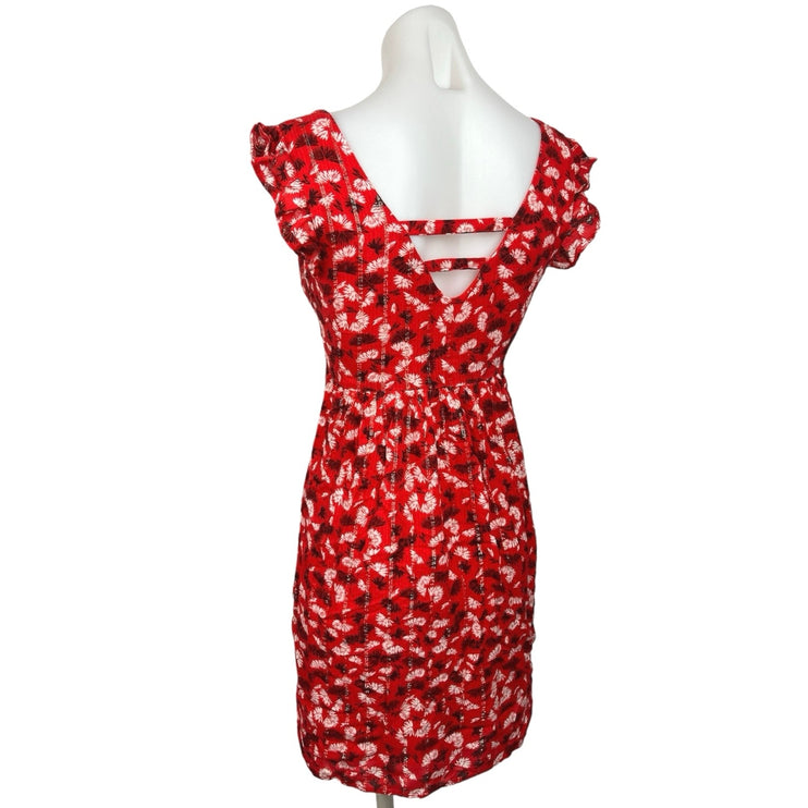 Promod Red V Neck Empire Waist Sleeeless Cutout Button Babydoll Mini Dress Sz 2