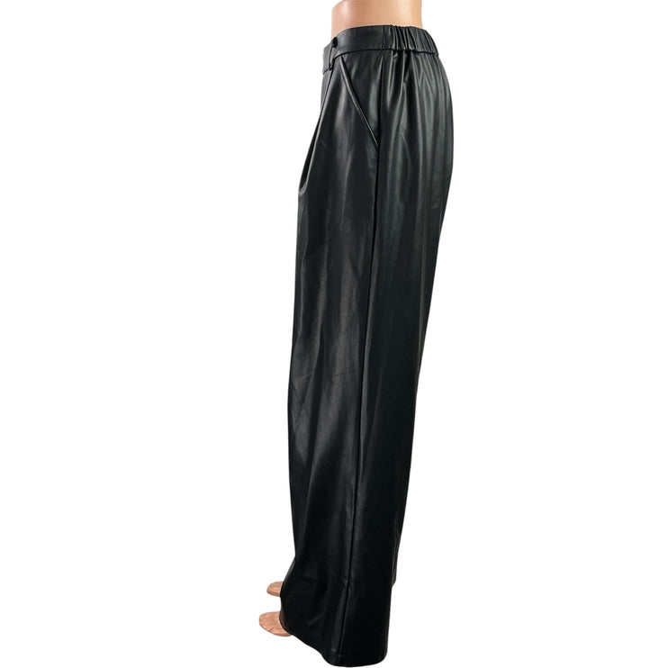 CDI Women's Black Faux Leather Vegan High Rise Wide Leg Trousers Pants Size M