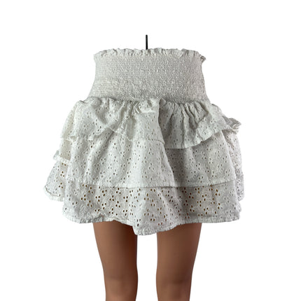 Lolli White Smocked Embroidered Eyelet Tiered Ruffle High Waist Mini Skirt Sz M