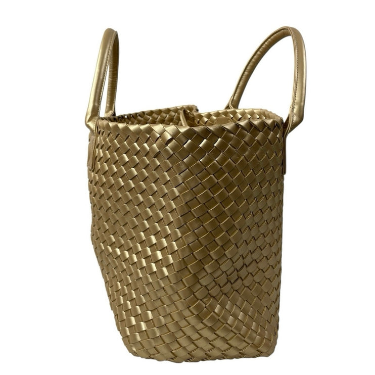 Women's Gold Metallic With Pouch Woven Shoulder Cabat Beach Tote Handbag OS