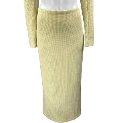 Sabo Yellow Waffle Knit Long Sleeve Crop Top Pencil Midi Skirt 2 Pc Set Size 6