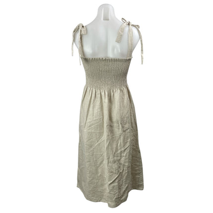 Aritzia Wilfred Golden Hour 100% Linen Beige Smocked Sleeveless Midi Dress Sz M