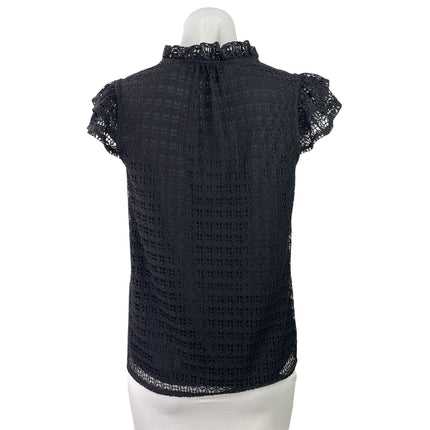 T Tahari Women's Black Lace Flutter Sleeve Ruffle Tie Neck Blouse Top Size XS
