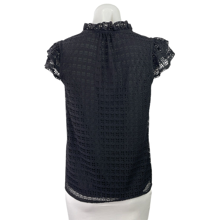 T Tahari Women's Black Lace Flutter Sleeve Ruffle Tie Neck Blouse Top Size XS