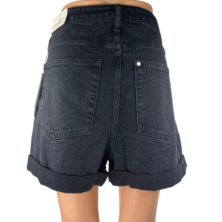 NEW H&M Women's Black High Waisted Wide Leg Cuffed Mom Denim Jean Shorts 18