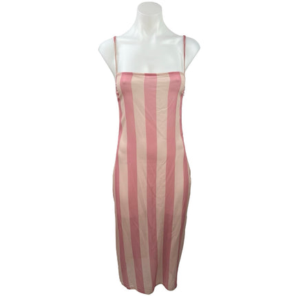 Belle The Label 100% Silk Pink Striped Square Neck Calf Length Tank Dress Sz XS