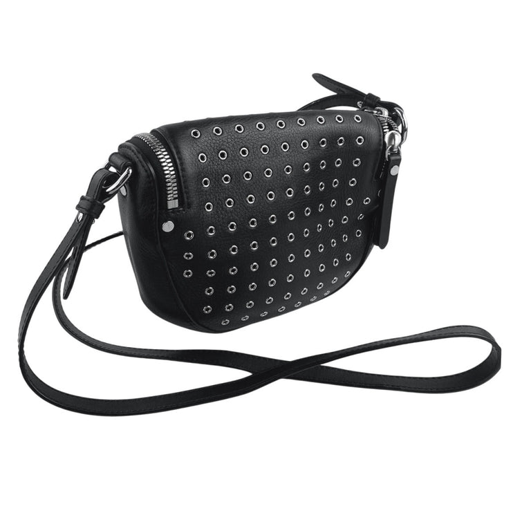 Burberry Black Eyelet Leather Metal Studded Zip Adjustable Crossbody Handbag OS