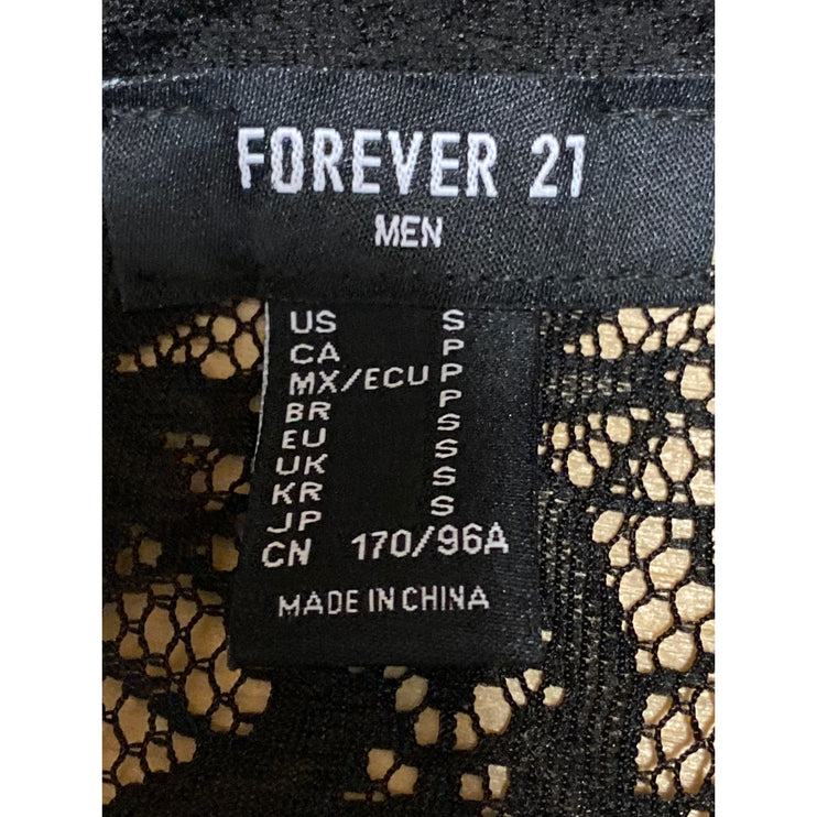 Forever 21 Men's Black Floral Lace Sheer Mesh Short Sleeve Button Up Shirt Top S
