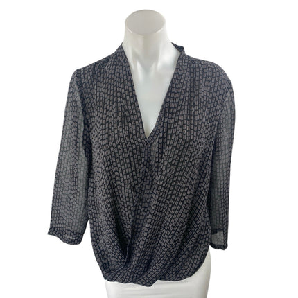 Ann Taylor LOFT Black Chevron Long Sleeve V Neck Faux Wrap Blouse Top Size XS