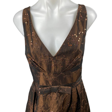 JS Collection Brown Satin Sequin Floral Embroidered Sleeveless Flare Dress 10