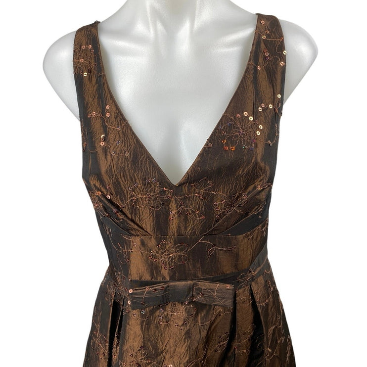 JS Collection Brown Satin Sequin Floral Embroidered Sleeveless Flare Dress 10