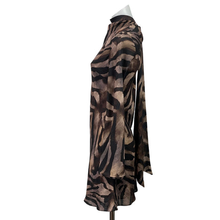 MNG Mango Brown Satin Zebra Back Bow Mock Neck Long Sleeve A Line Mini Dress 2