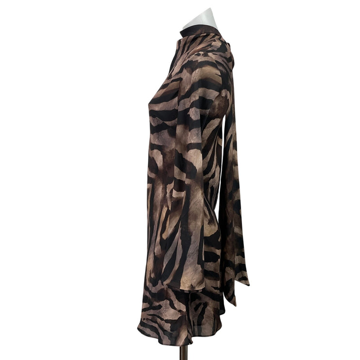 MNG Mango Brown Satin Zebra Back Bow Mock Neck Long Sleeve A Line Mini Dress 2