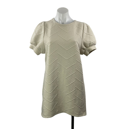Zara Women's Beige Short Puff Sleeve Embossed Crew Neck Shift Mini Dress Size S
