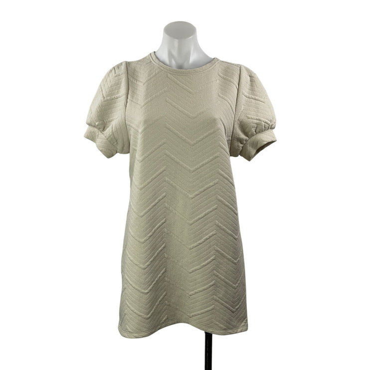 Zara Women's Beige Short Puff Sleeve Embossed Crew Neck Shift Mini Dress Size S