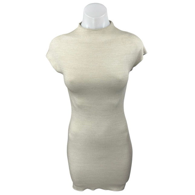 Zara Beige Cream Short Sleeve Mock Neck Knit Sweater Mini Bodycon Dres   Brie
