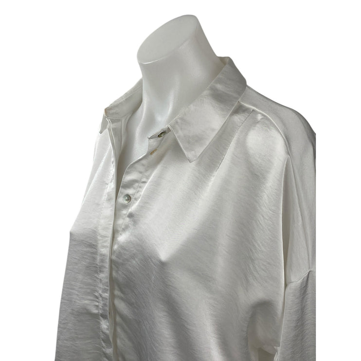Zara Women's White Silky Satin Collared Long Sleeve Button Down Shirt Top Size M