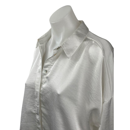 Zara Women's White Silky Satin Collared Long Sleeve Button Down Shirt Top Size M