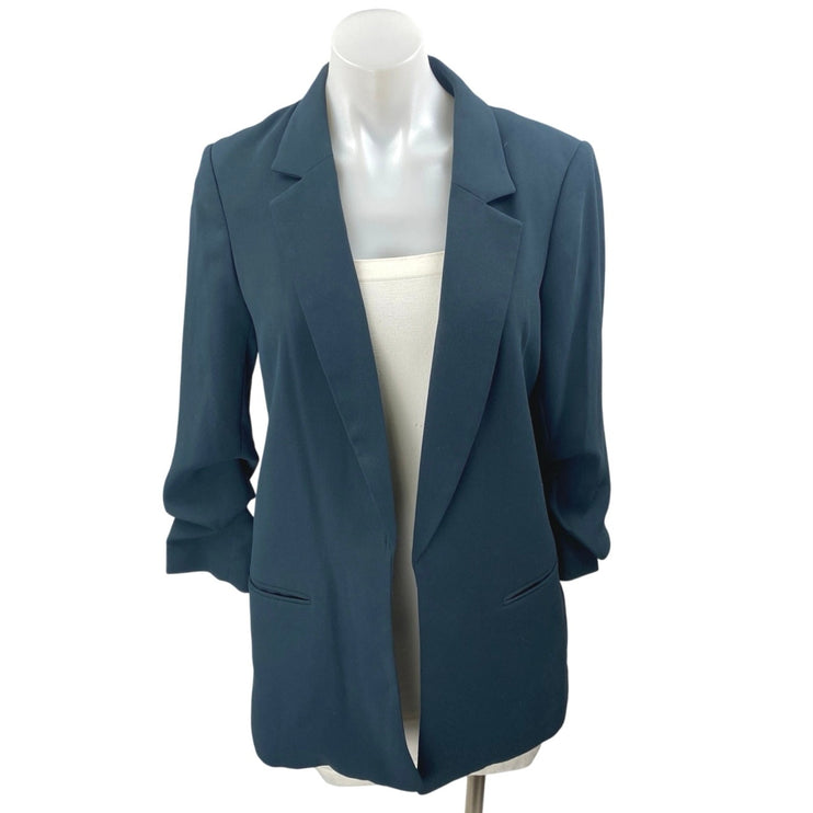 H&M Women's Blue Green Open Front Ruched 3/4 Sleeve Blazer Coat Jacket Size 6
