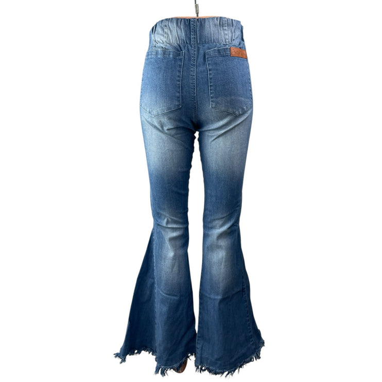 Judith March Women's Blue Lace Up High Rise Flare Bell Bottom Denim Jeans Size S