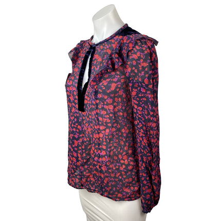 L.K. Bennett Multicolor Mesh Sheer Floral Long Sleeve Cutout Blouse Top Size 4